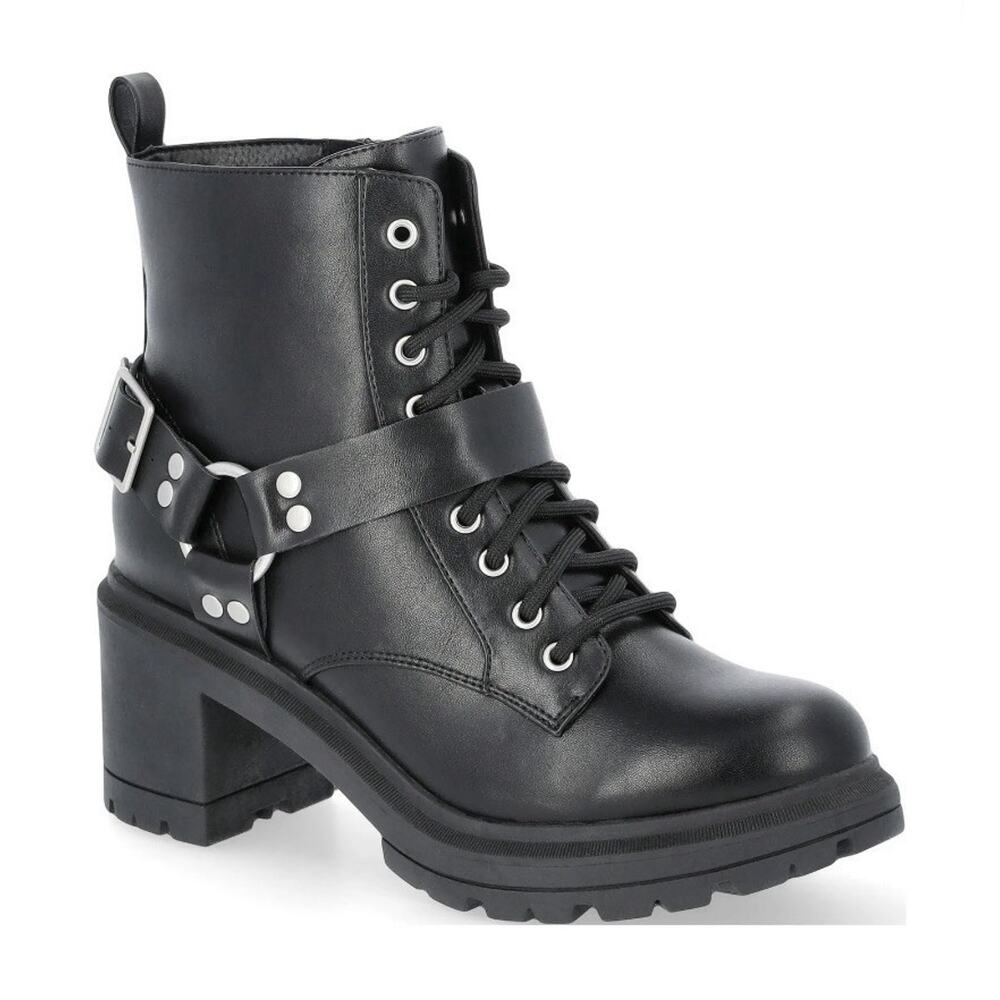 NO BOUNDARIES Womens Black Moto Combat Boots Size 12W Wide Lug Sole Buckles